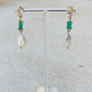 Green amethyst Earrings with uncut emeralds and freshwater pearls—set in silver and plated with yellow gold.