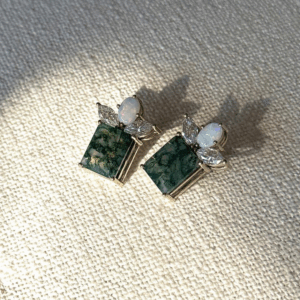 Moss agate and moissanite and opal earrings