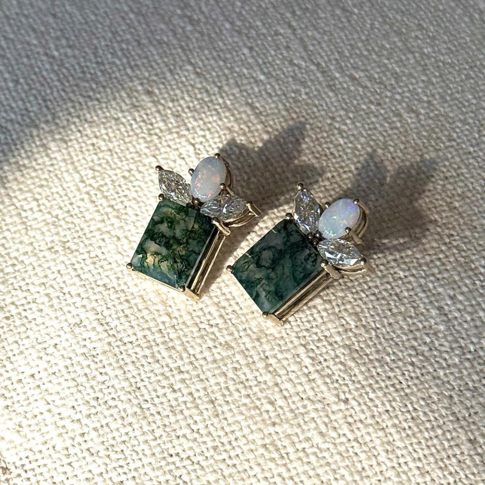 Moss agate and moissanite earrings